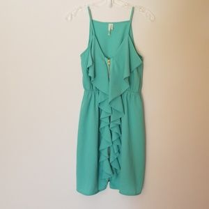 Teal front zip ruffle mini dress